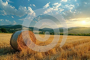 Golden Sunset Over a Serene Farm Landscape With Hay Bales Scattered in the Field