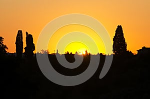 Golden sunset over tuscan fields
