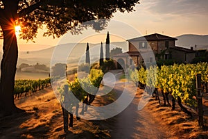 Golden Sunset Over Tuscan Vineyard with Rustic Farmhouse, Rolling Hills, and Picnicking Couple. Generative Ai
