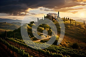 Golden Sunset Over Tuscan Vineyard with Rustic Farmhouse, Rolling Hills, and Picnicking Couple. Generative Ai