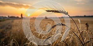 Golden sunset over wheat field. Shallow DOF, focus on ear photo