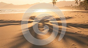 Golden Sunset Palm Tree Shadow on Sandy Beach