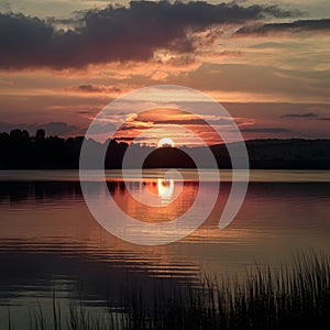 Golden sunset reflects on tranquil lake, casting mesmerizing glow