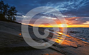 Golden Sunset in Stormy Sky over Lake Onega