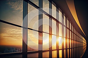 Golden sunset view window from office building with cityscape. Flawless