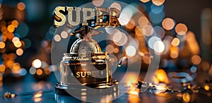 Golden SUPER trophy signifying excellence and outstanding achievement, an award for superlative performance on a blurred