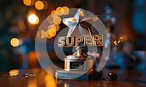 Golden SUPER trophy signifying excellence and outstanding achievement, an award for superlative performance on a blurred