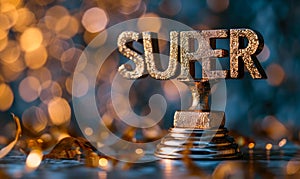 Golden SUPER trophy signifying excellence and outstanding achievement, an award for superlative performance on a blurred