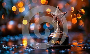 Golden SUPER trophy signifying excellence and outstanding achievement, an award for superlative performance on a blurred