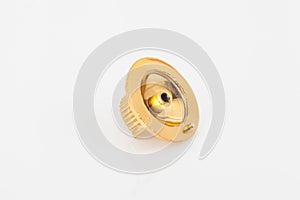 Golden support for curtain poles on white background