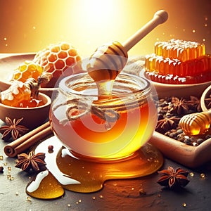 Golden sweet honey. Healthy foods. AI generated