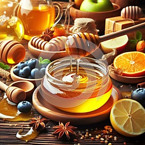 Golden sweet honey. Healthy foods. AI generated