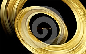 Golden swirl on black background. Abstract shiny color gold wave design element. Vector illustration