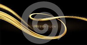 Golden swirl on black background. Abstract shiny color gold wave design element. Vector illustration