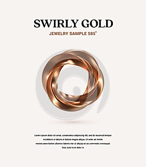 Golden swirl vector 3d ring. Abstract luxury geometric shape on the light background with sample text.