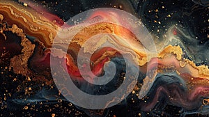 Golden Swirls on Black Abstract Fluid Art Background