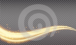 Golden swoosh, magic wave. Gold trail isolated on transparent background. Luminescent waved trail with bright bokeh and