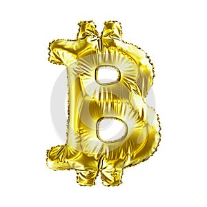 Golden symbol bitcoin made of inflatable balloon isolated on white background