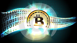 Golden symbol of cryptocurrency bitcoin exchanges currency signs for binary code