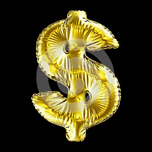 Golden symbol dollar made of inflatable balloon isolated on black background.