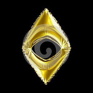 Golden symbol Ethereum made of inflatable balloon isolated on black background.