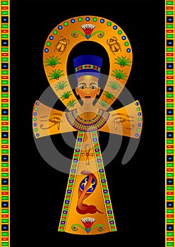 Golden symbol of life Ankh with the magnificent bust of Queen Nefertiti