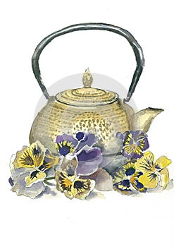Golden tea pot with violet pansies watercolor illustration photo