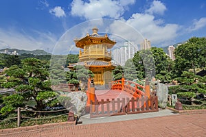 Golden teak wood pagoda at Nan Lian Garden in Hong Kong