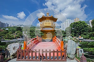 Golden teak wood pagoda at Nan Lian Garden in Hong Kong
