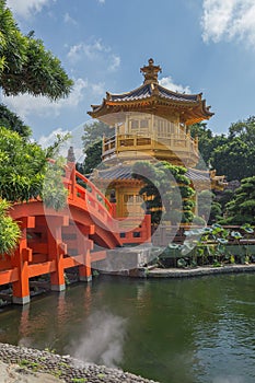 Golden teak wood pagoda at Nan Lian Garden in Hong Kong