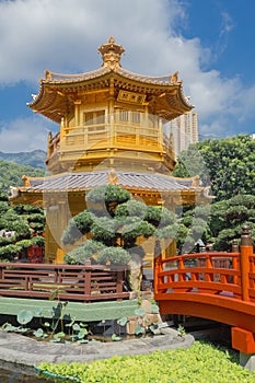 Golden teak wood pagoda at Nan Lian Garden in Hong Kong