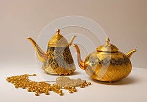 A golden teapot adorned with a delicate blue floral pattern and featuring a long photo