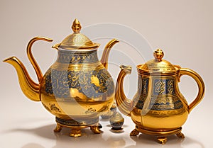 Golden teapot with blue floral pattern and long curved spout standing on white background photo