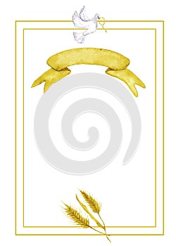 Golden template with dove of peace,ribbon and ears. Copy space. Hand drawn. Vertical frame for first communion, confirmation, photo