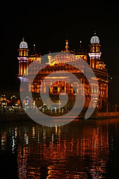 The Golden Temple at Amritsar, Punjab, India, the most sacred icon and worship place of Sikh religion. Illuminated in the night, .