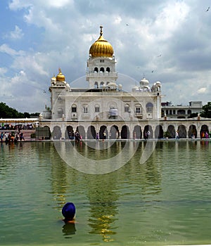 The Golden Temple and back view of a man with turban in the water with reflections, New Delhi, India