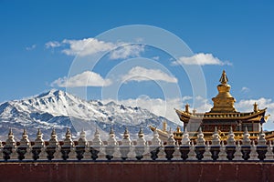 Golden temple roof and snow mountain