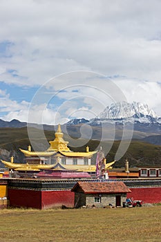 Golden temple with snow mountain