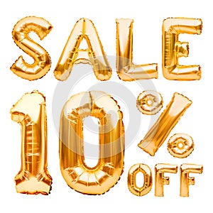 Golden ten percent sale sign made of inflatable balloons isolated on white. Helium balloons, gold foil numbers. Sale decoration,