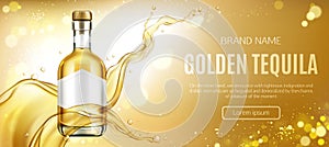 Golden tequila bottle mock up advertising banner
