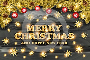 Golden text on black background. Merry Christmas and Happy New Year lettering