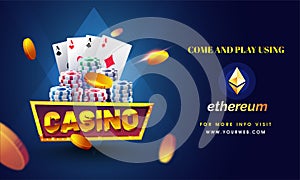 Golden text Casino with 3D chip, coins, ace cards on shiny blue