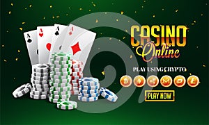 Golden text Casino Online with 3D chip, ace cards on sparkling g