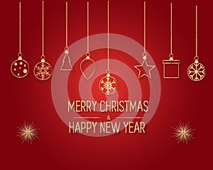 Golden text on dark red background. Merry Christmas and Happy New Year lettering for invitation and greeting card, prints and