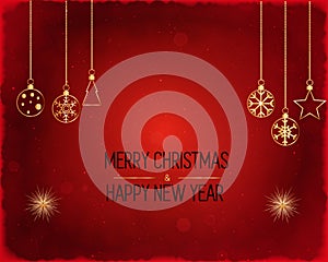 Golden text on dark red background. Merry Christmas and Happy New Year lettering for invitation and greeting card, prints and