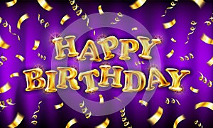 Golden text Happy Birthday Balloon fly on ribbons with confetti on violet wall. Vector illustration