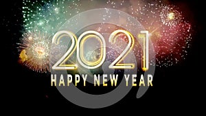 Golden Text Happy New Year 2021 card design with colorful firework.