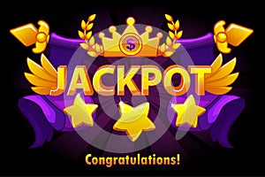 Golden text Jackpot with stars and crown on violet background. Casino jackpot winner awards with spears and wings