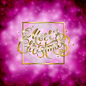 Golden text on pink background. Merry Christmas and Happy New Year lettering.