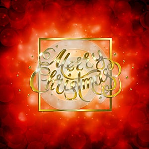 Golden text on red background. Merry Christmas and Happy New Year lettering.